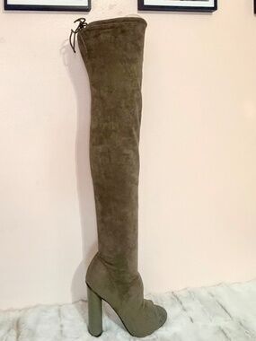 *So Me Olive Green Open Toe Stretch Stocking OTK Thigh Boots 4" Chunky Heel